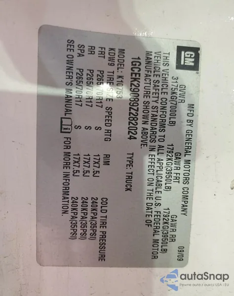 2009 Chevrolet Silverado K1500 Lt z USA, uszkodzony, nr VIN 1GCEK29089Z282024